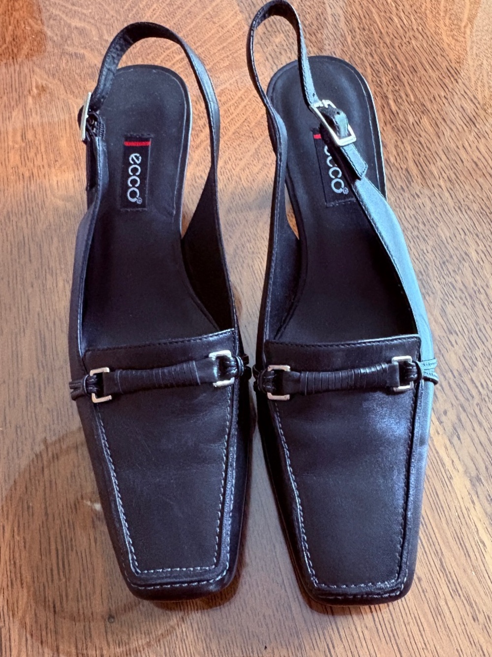 Ecco black leather square toe sling back heels